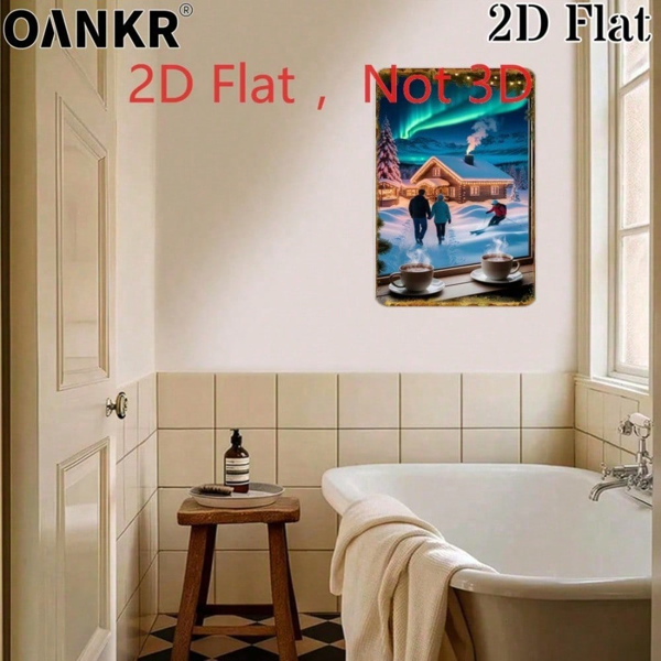 CIFbuy 冬季北极光雪景小屋情侣滑雪锡制装饰牌，2D平面艺术，20x30厘米（TikTok, temu 自提物流）-4