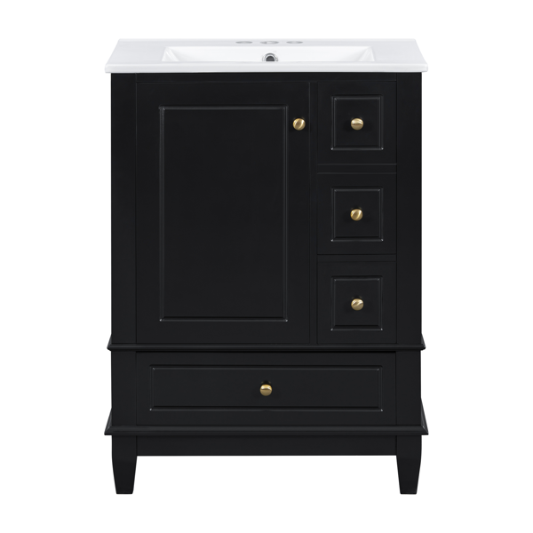24" Bathroom Vanity with Sink and Drawers, Black Freestanding Vanity Cabinet with Ceramic Top and Storage Shelves, MDF and Solid Wood Base, Modern Sink Cabinet for Small Bathrooms-26