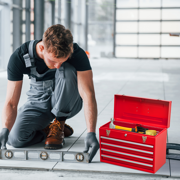 Metal Tool Box with 4 Drawers Portable Steel Tool Chest with Metal Cylinder Lock and Latch Closure, Liner, Red Powder coating, suitable for Garage, Warehouse and Outdoor Repair job-Red-10