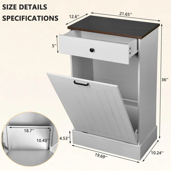 Tilt Out Trash Can Cabinet, Hidden Wooden Trash Can Cabinet with Drawer, Free Standing Garbage Cabinet for Kitchen, 10 Gallon Farmhouse Laundry Hamper Cabinet for Kitchen, Living Room (White)-2