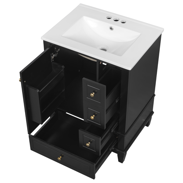 24" Bathroom Vanity with Sink and Drawers, Black Freestanding Vanity Cabinet with Ceramic Top and Storage Shelves, MDF and Solid Wood Base, Modern Sink Cabinet for Small Bathrooms-15