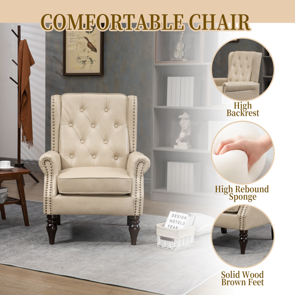 Wood Frame Armchair, Modern Accent Chair Lounge Chair with Sturdy Wood Legs for Living Room Bedroom (Camel PU)-4