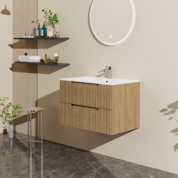 30" Wall Mounted Bathroom Vanity with Sink Floating Bathroom Cabinet Sink Combo, Soft-Close System, 2 Extra Big Drawers, Walnut-2