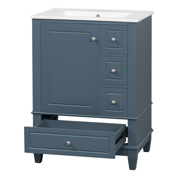 24" Bathroom Vanity with Sink and Drawers, Gray Blue Freestanding Vanity Cabinet with Ceramic Top and Storage Shelves, MDF and Solid Wood Base, Modern Sink Cabinet for Small Bathrooms-27