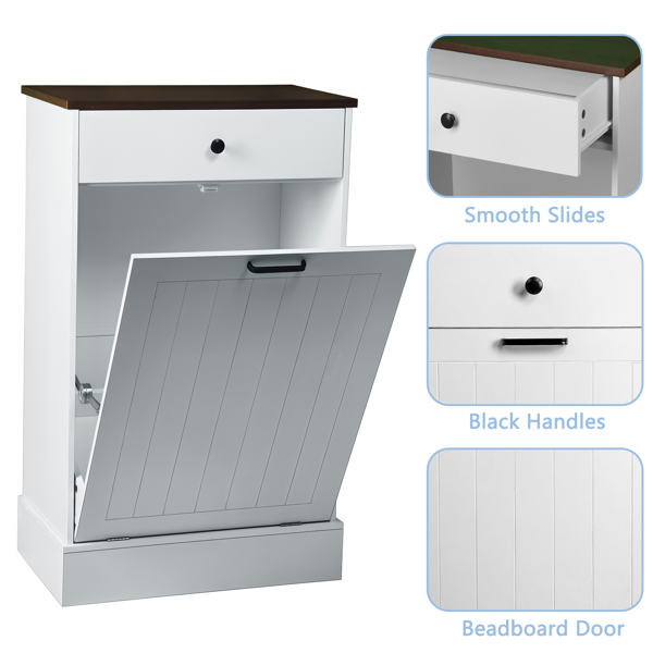 Tilt Out Trash Can Cabinet, Hidden Wooden Trash Can Cabinet with Drawer, Free Standing Garbage Cabinet for Kitchen, 10 Gallon Farmhouse Laundry Hamper Cabinet for Kitchen, Living Room (White)-11