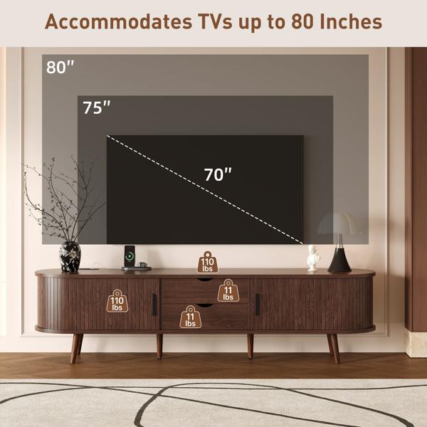 70 Inch Mid Century Modern TV Stand, TV Stand for 80 Inch TV, TV Stand with Tambour Doors, Drawers and Power Outlet, TV Consoles for Living Room, Bedroom-7