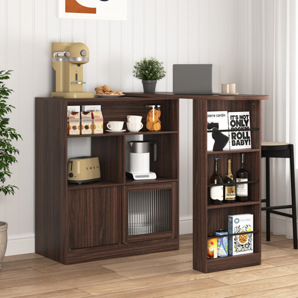 Modern Bar Cabinet with Rotating top, Counter Height Dining Cabinet with 6 Storage space and 2 Ribbed Glass Door for Kitchen, The Rotating Top with 3 Storage Shelves Dining Room, Living Room, Walnut-5