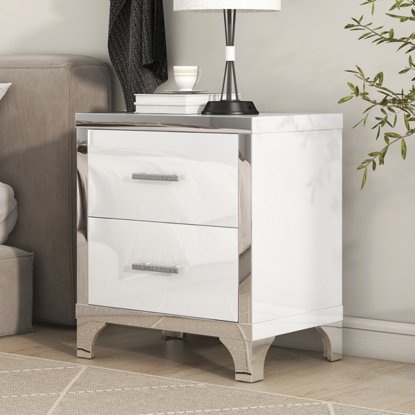 Elegant High Gloss Nightstand with Metal Handle,Mirrored Bedside Table with 2 Drawers for Bedroom,Living Room,White-1