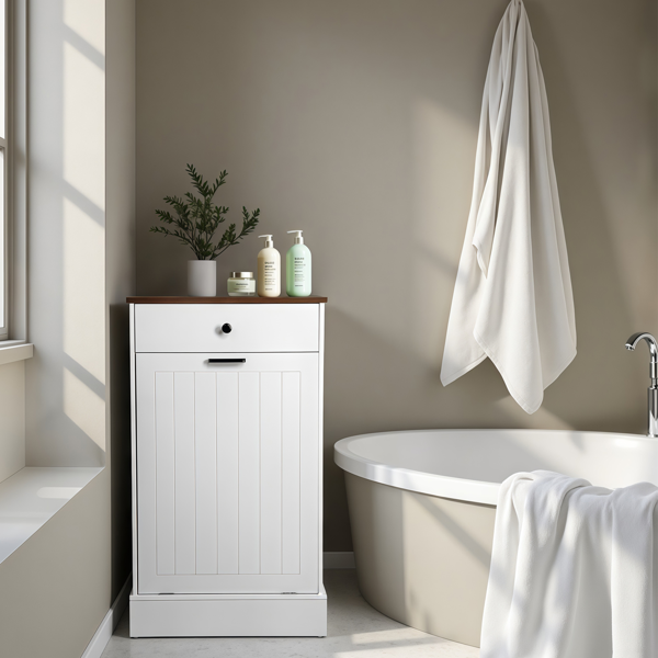 Tilt Out Trash Can Cabinet, Hidden Wooden Trash Can Cabinet with Drawer, Free Standing Garbage Cabinet for Kitchen, 10 Gallon Farmhouse Laundry Hamper Cabinet for Kitchen, Living Room (White)-7