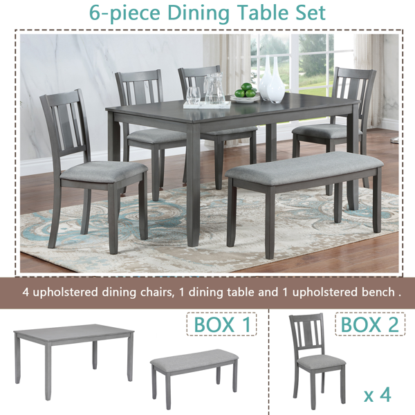 6 Piece Kitchen Dining Set, Rectangular Wooden Dining Table with 4 Upholstered Chairs and a Bench, Dining Table Set for 6 People, Living Room, Home Bar and Kitchen, Gray-3