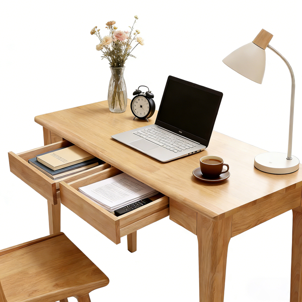 Solid Wood Desk with Drawers, Standing Desk with Smooth Edges, Home Office Desk for Small Spaces, Mid Century Modern Desk for Study, Bedroom, Living Room, Office, (Natural Wood Color)-11