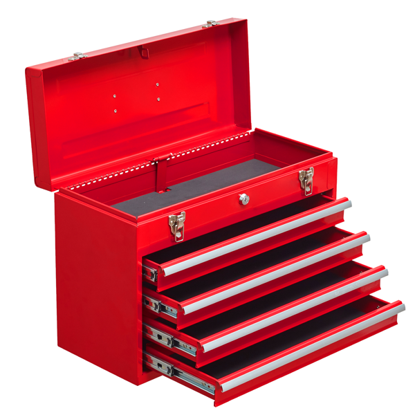 Metal Tool Box with 4 Drawers Portable Steel Tool Chest with Metal Cylinder Lock and Latch Closure, Liner, Red Powder coating, suitable for Garage, Warehouse and Outdoor Repair job-Red-5