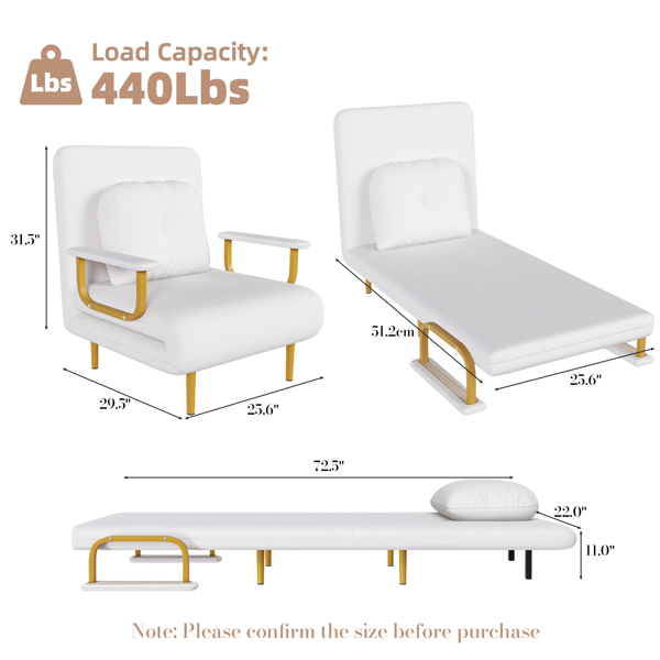 Folding Sofa Bed 3-in-1 Convertible Chair - 5-Position Adjustable Backrest with Pillow, Space-Saving Sleeper for Living Room, Bedroom & Office (White)-19