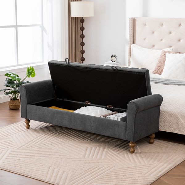 65.55" Wide Modern Upholstered  Storage Bench , Napped fabric Bed End Foot Stool With Rolled Armrest, Bench Daybed With Rubberwood Legs For Living Room, Entryway, Dormitory, Bedroom,Charcoal-5