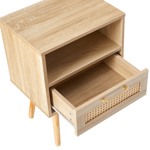 15.75" Rattan End table with  drawer and solid wood legs, Modern nightstand, side table for living room, bedroom,natural-13