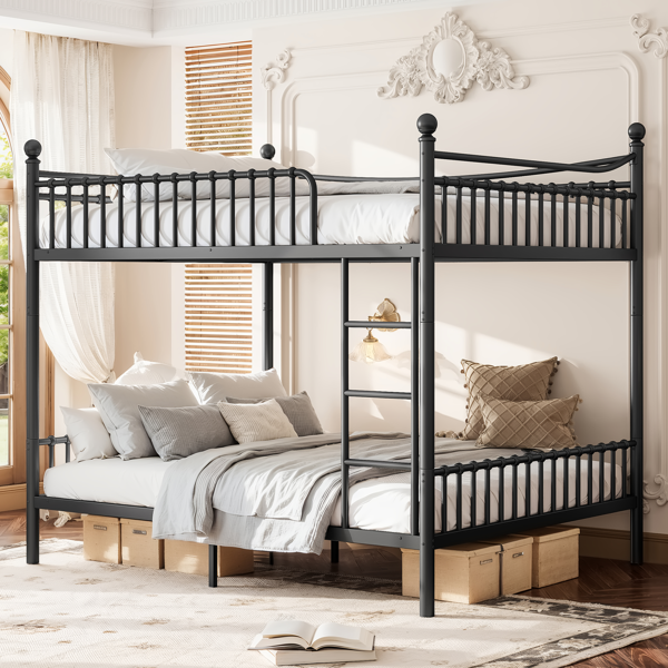 Queen over Queen Metal Bunk Bed with Unique Curved Guardrail Design, Round Tube bunk bed Frame, No Box Spring Required, Metal Bunk Bed Frame for Kids Teens,adults, Black-3