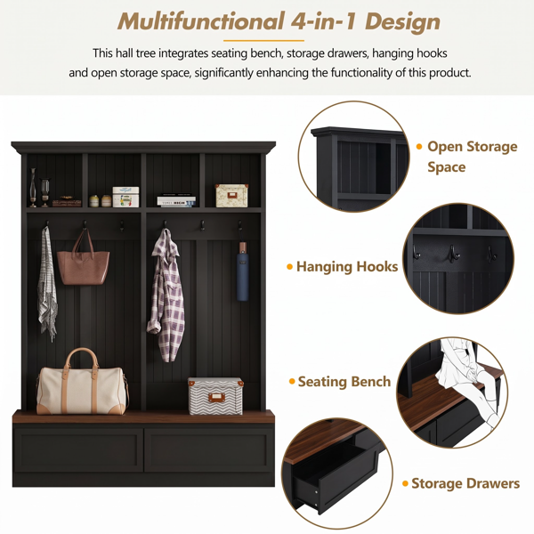 Farmhouse 4-in-1 Hall Tree with Wood Grain Bench, Mudroom Versatile Coat Rack with 2 Large Drawer, Entrance Organizer for Hallway, Living Room, Black, 55.9"W (OLD SKU: N721P313099B)-6