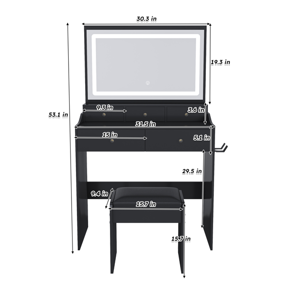 New Large Mirror Vanity Desk for Bed room  , Modern Makeup Vanity Set with Power Outlet and Hair dryer holder, 5 Drawers , 3 Lighting Color Adjustable Dressing Table for Bedroom, Black Color-7