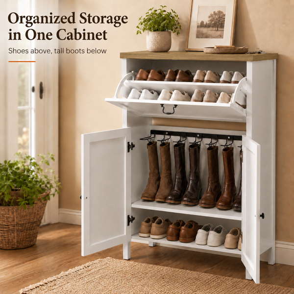 Shoe Cabinet with Flip Drawer, Boot Rack and 6 Boot Clips, Narrow Entryway Shoe Cabinet with Adjustable Shelf, Freestanding Shoe Organizer Cabinet for Entryway, Foyer, 31.5"W x 15.7"D x 45.3"H-White-8