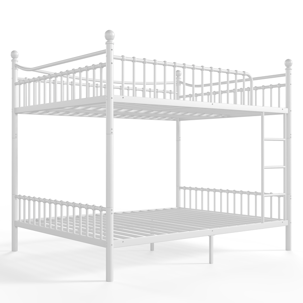 Queen over Queen Metal Bunk Bed with Unique Curved Guardrail Design, Round Tube bunk bed Frame, No Box Spring Required, Metal Bunk Bed Frame for Kids Teens,adults, White-9