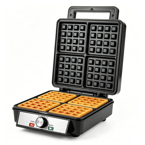 1200W 4片比利时华夫饼制作机，双面加热华夫饼熨斗，320-410℉ 家用厨房早餐用可调温度、不粘板冷触手柄华夫饼机-3