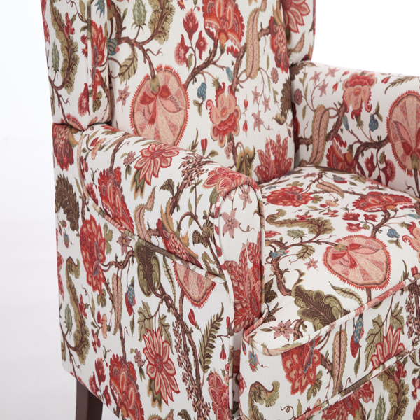 Modern Accent Chair with Retro Wood Legs, Comfy Upholstered Armchair, Floral Design Single Sofa Chair for Living Room Bedroom Office - Floral Red-18