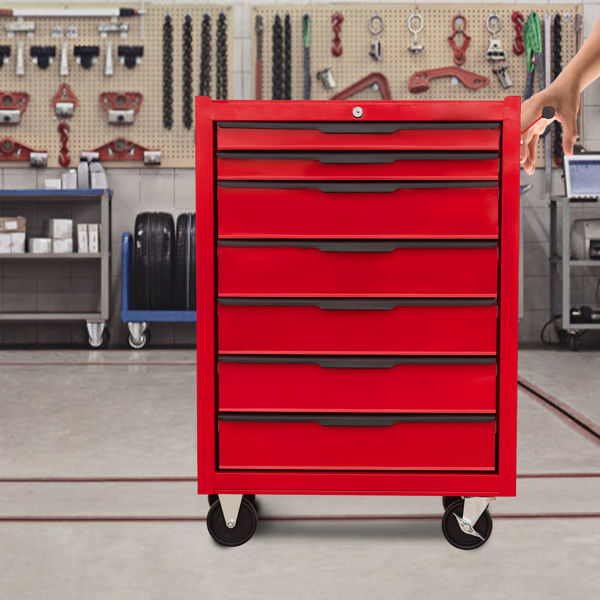 7-Drawer Rolling Tool Chest Cabinet, Large Capacity Metal  Tool Box with Wheels and Cylinder Locking, Roll Around Storage Organizer Tool Cart for Garage, Warehouse, Work Shop - Red-8