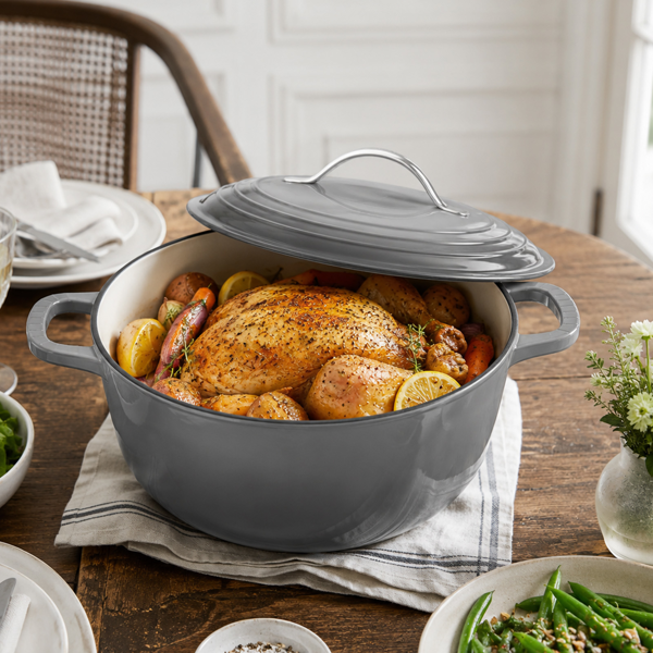 不锈钢手柄 7.5QT 7.1L 圆形 珐琅锅 黑灰渐变 含手套 隔热垫-10