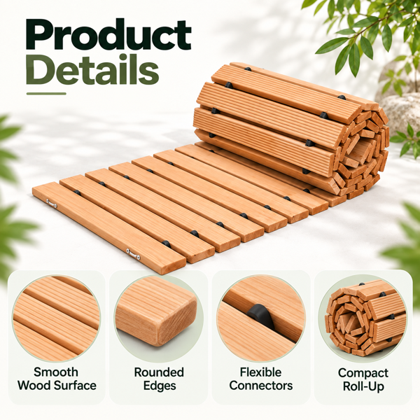 366 x 43 cmRoll-Out Wooden Walkway Mat, 1.5 cm Thick Portable Garden Pathway, Outdoor Wooden Boardwalk Path for Yard, Lawn, Beach, Patio and Camping-7