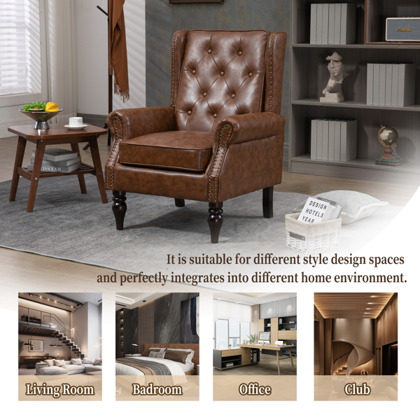 Wood Frame Armchair, Modern Accent Chair Lounge Chair with Sturdy Wood Legs for Living Room Bedroom (Brown PU)-6
