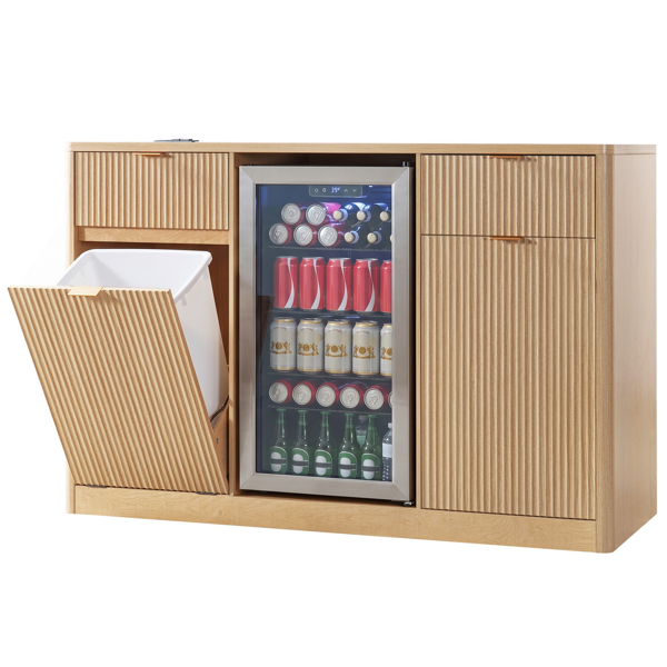 K&K 59" Coffee Bar Cabinet with Fridge Space & Tilt-Out Trash Cabinet, Mini Fridge Wine Cabinet with Storage/Charging Station, Fluted Buffet Sideboard with Glass Holder for Dining Room, Natural Oak-35