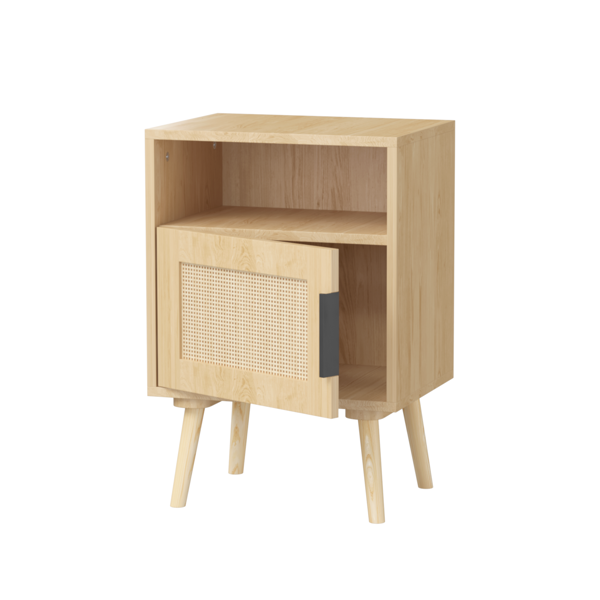 22.83'' H Rattan Nightstand, Side Table with Door Open Shelf,  Accent Bedside End Table with Solid Wood Legs for Bedroom, Dorm and Small Spaces, Oak-14