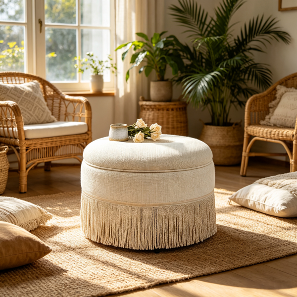 Round Storage Ottoman Bench(Beige), 23.23 Inch Upholstered Footstool with Tassel Fringe, 250 lbs Capacity Circular Storage Foot Rest Stool, Fabric Ottoman for Living Room Bedroom Entryway-7
