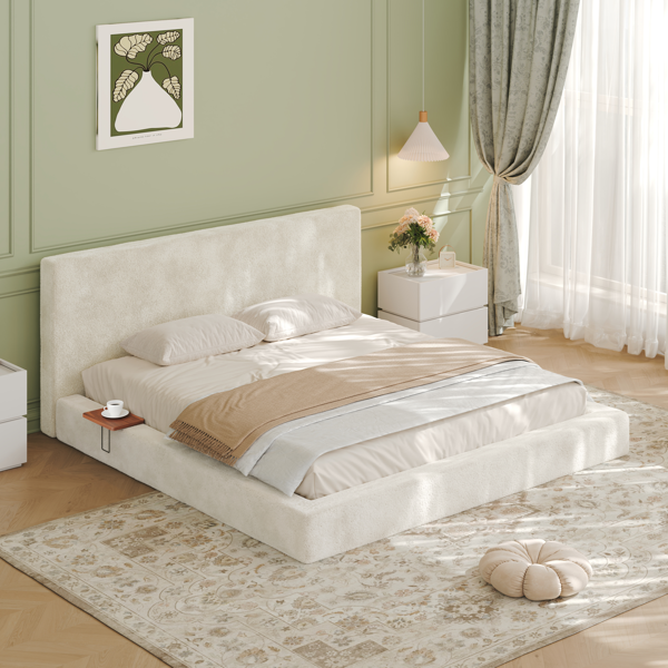 AirFrame King Bed Frame with adjustable Sliding Side Table, 8.7'' Cloud Upholstered Sponge Cushion, Easy Assembly (Off-White).-2