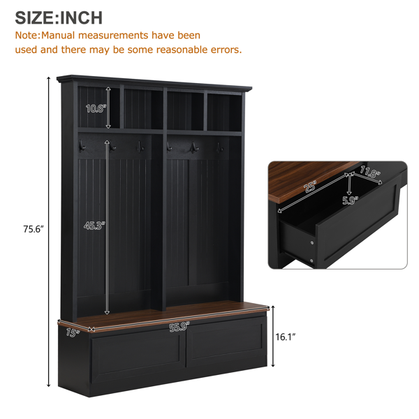 Farmhouse 4-in-1 Hall Tree with Wood Grain Bench, Mudroom Versatile Coat Rack with 2 Large Drawer, Entrance Organizer for Hallway, Living Room, Black, 55.9"W (OLD SKU: N721P313099B)-8