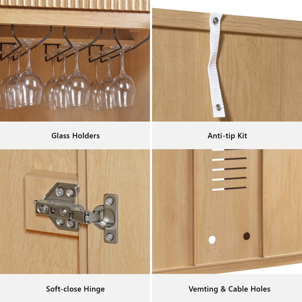 K&K 59" Coffee Bar Cabinet with Fridge Space & Tilt-Out Trash Cabinet, Mini Fridge Wine Cabinet with Storage/Charging Station, Fluted Buffet Sideboard with Glass Holder for Dining Room, Natural Oak-33