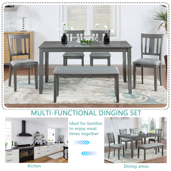 6 Piece Kitchen Dining Set, Rectangular Wooden Dining Table with 4 Upholstered Chairs and a Bench, Dining Table Set for 6 People, Living Room, Home Bar and Kitchen, Gray-4