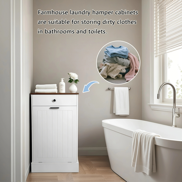 Tilt Out Trash Can Cabinet, Hidden Wooden Trash Can Cabinet with Drawer, Free Standing Garbage Cabinet for Kitchen, 10 Gallon Farmhouse Laundry Hamper Cabinet for Kitchen, Living Room (White)-6