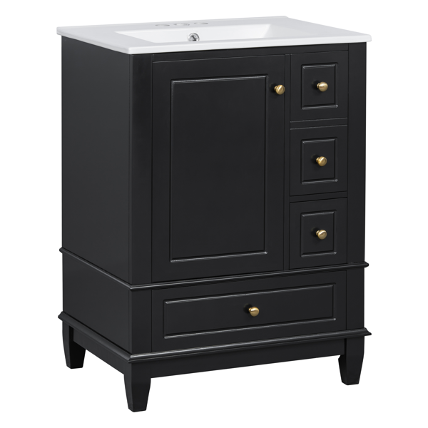 24" Bathroom Vanity with Sink and Drawers, Black Freestanding Vanity Cabinet with Ceramic Top and Storage Shelves, MDF and Solid Wood Base, Modern Sink Cabinet for Small Bathrooms-20
