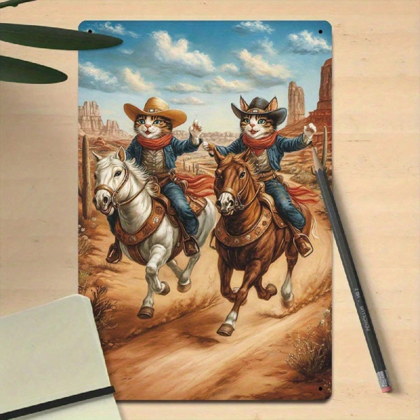 CIFbuy 复古西部牛仔猫金属壁饰 8x12，2D印刷铁质招牌（TikTok, temu 自提物流）-4