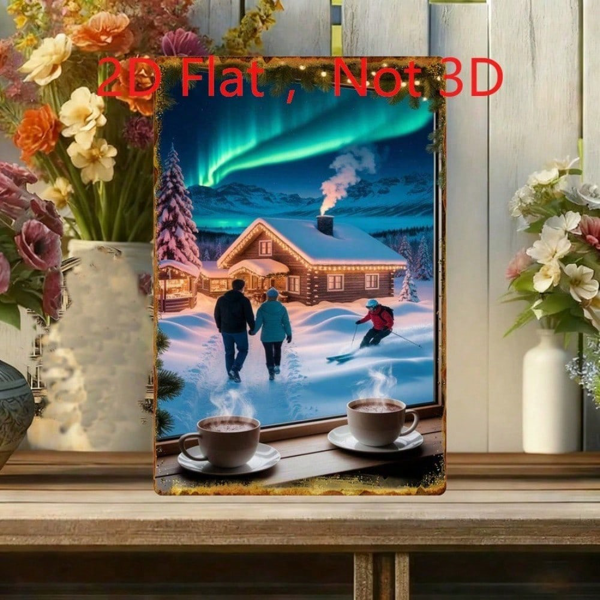CIFbuy 冬季北极光雪景小屋情侣滑雪锡制装饰牌，2D平面艺术，20x30厘米（TikTok, temu 自提物流）-7