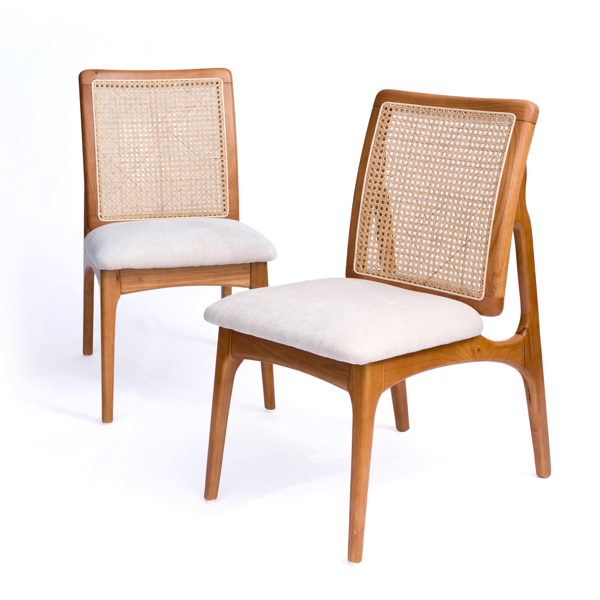 Set of 2 Mid Century Modern Rattan Dining Chairs, Solid Rubber Wood Frame Dining Side Chairs with Natural Cane Rattan Backrest-3