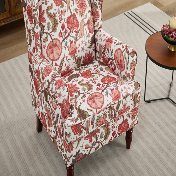 Modern Accent Chair with Retro Wood Legs, Comfy Upholstered Armchair, Floral Design Single Sofa Chair for Living Room Bedroom Office - Floral Red-23