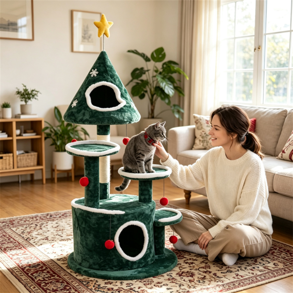 圣诞主题猫树，50英寸多层猫塔，带2套舒适的毛绒公寓，天然剑麻抓杆，悬挂钟球和春星玩具，室内猫防翻倒稳定猫游戏屋-8