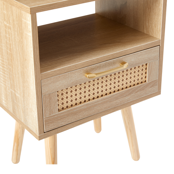 15.75" Rattan End table with  drawer and solid wood legs, Modern nightstand, side table for living room, bedroom,natural-12