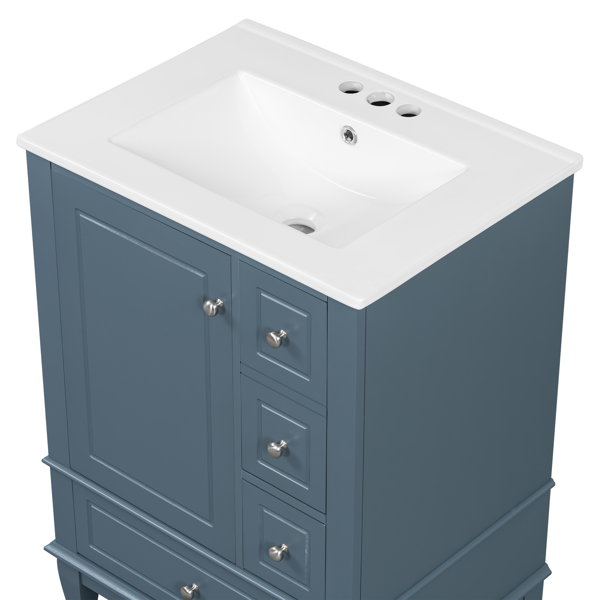 24" Bathroom Vanity with Sink and Drawers, Gray Blue Freestanding Vanity Cabinet with Ceramic Top and Storage Shelves, MDF and Solid Wood Base, Modern Sink Cabinet for Small Bathrooms-5