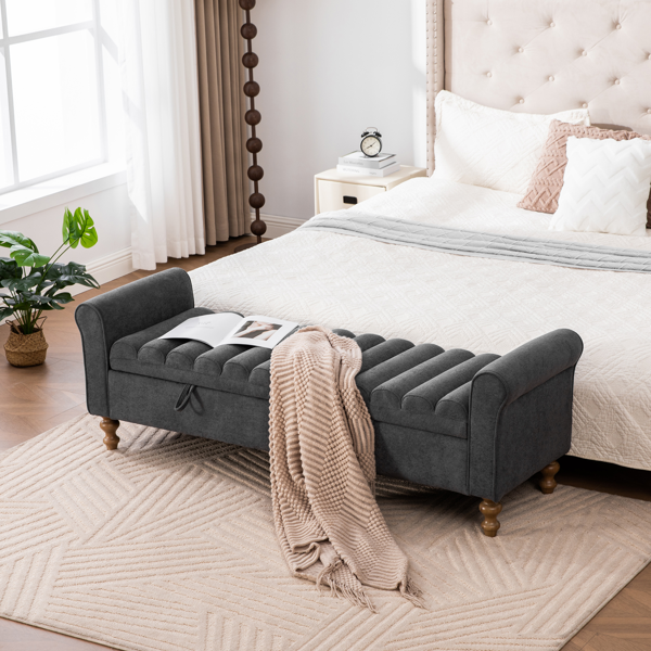 65.55" Wide Modern Upholstered  Storage Bench , Napped fabric Bed End Foot Stool With Rolled Armrest, Bench Daybed With Rubberwood Legs For Living Room, Entryway, Dormitory, Bedroom,Charcoal-4