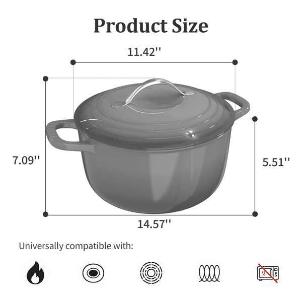 不锈钢手柄 7.5QT 7.1L 圆形 珐琅锅 黑灰渐变 含手套 隔热垫-2
