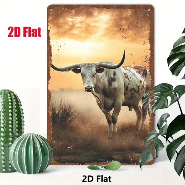 CIFbuy 复古金属招牌 长角牛画作，2D平面锡制招牌 草原落日艺术（TikTok, temu 自提物流）-6