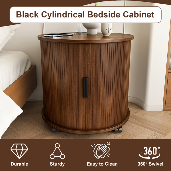 Mid Century Modern Cylinder End Table with Built-in Charging Station & Sliding Door, 2-Tier Storage Round Nightstand with USB Ports, Walnut Bedside Table for Living Room, Bedroom, Entryway-4